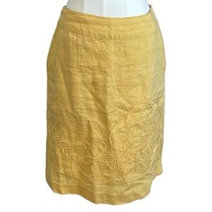 BODEN Yellow Ruffle Floral Flower 100% Linen Skirt size 6 6R Party Business Midi
